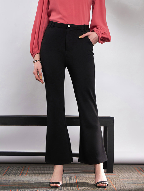 Buy Solid Knit Bell Bottom Pants Black For Women Styli Saudi