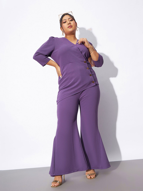 Buy Plus V Neck Wrap Top Kick Pleat Pants Co Ords Lilac For Women Styli UAE