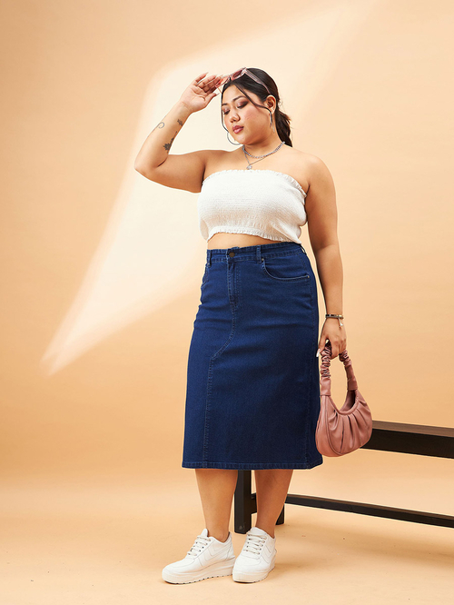 Buy Plus High Rise Denim Skirt with Belt Loops Blue For Women Styli Saudi