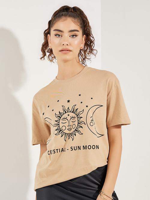 Buy Oversized Sun and Moon Graphic Drop Shoulder T-Shirt Beige For Women | Styli UAE Buy Oversized Sun and Moon Graphic Drop Shoulder T-Shirt Beige For Women | Styli UAE