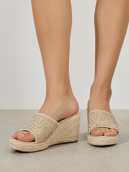 Buy Embellished Strap Espadrille Wedge Sandals Beige For Women Styli UAE