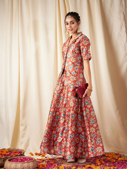 Buy Floral Print Notch Neck Longline Blazer and Maxi Skirt Co ords Orange For Women Styli Kuwait