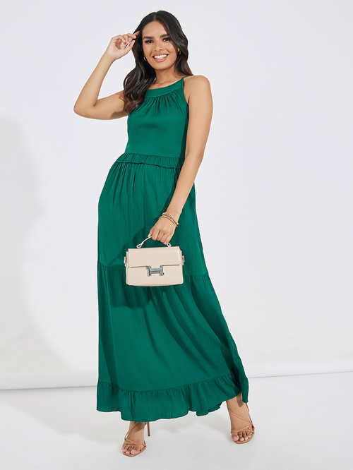 Buy Frill Overlay Tiered Maxi Dress Green For Women Styli Kuwait