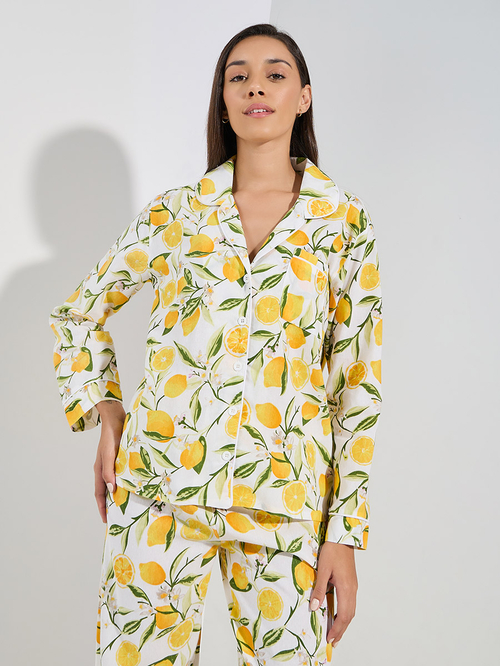Buy Cotton Linen Lemon Print Shirt Pyjama Set Yellow For Women Styli Saudi