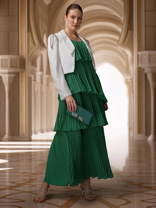 Buy Strappy Pleated Layered Maxi Dress Green For Women Styli Kuwait