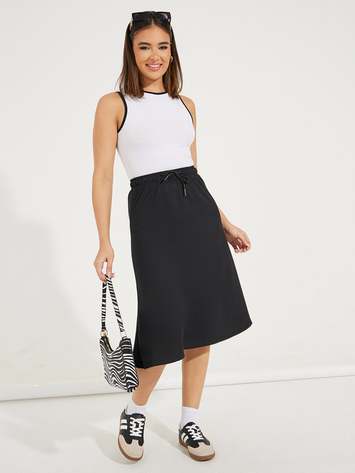 Buy Basic Knit Midi Skirt with Drawstring Black For Women Styli UAE