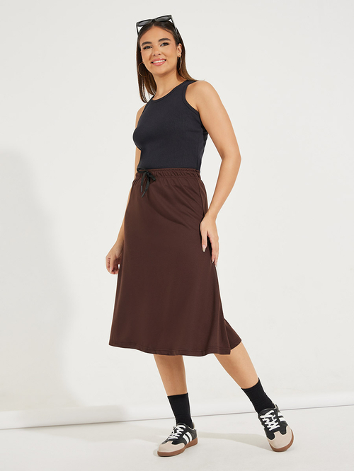 Buy Basic Knit Midi Skirt with Drawstring Brown For Women Styli Saudi