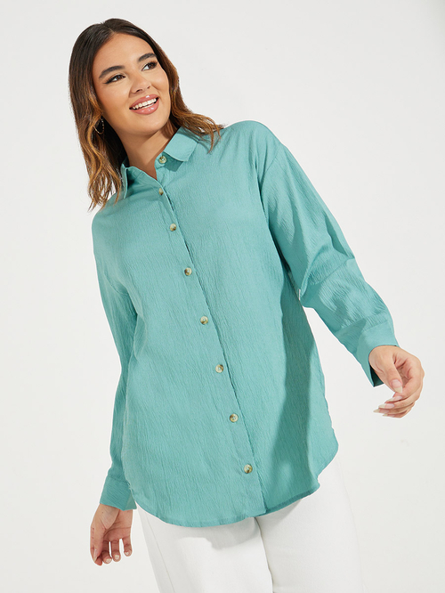 Buy Oversized Textured Longline Shirt with Dropped Shoulder Green For Women Styli UAE