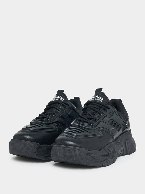 Buy Leather Look Design Chunky Sneakers Black For Women Styli UAE