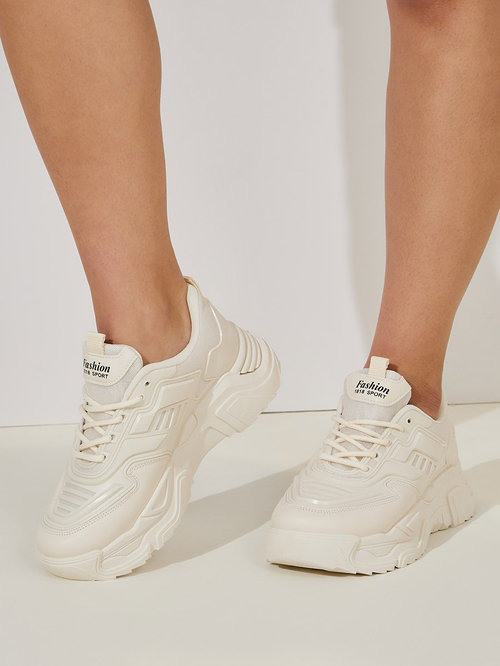 Buy Leather Look Design Chunky Sneakers Beige For Women Styli UAE