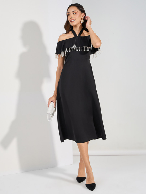 Buy Halter Cold Shoulder Embellished Midi Dress Black For Women Styli UAE