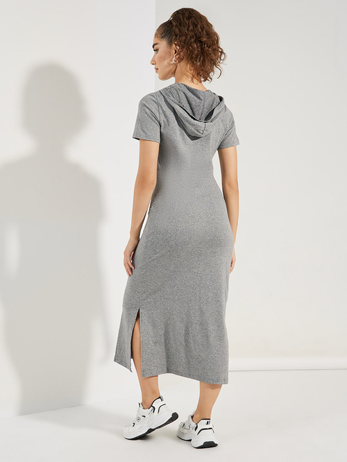 Buy Hooded T Shirt Midi Dress with Side Slit Grey For Women Styli Saudi