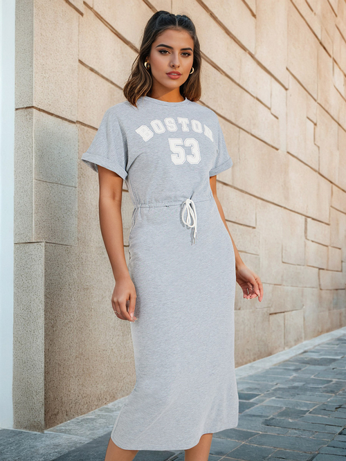 Buy Varsity Print T Shirt Midi Dress with Side Slit Grey For Women Styli UAE