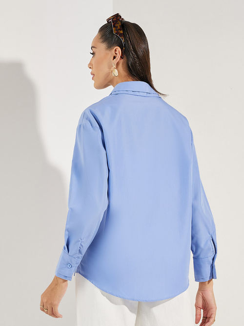 Buy Solid Woven Double Collar Oversized Shirt Blue For Women 