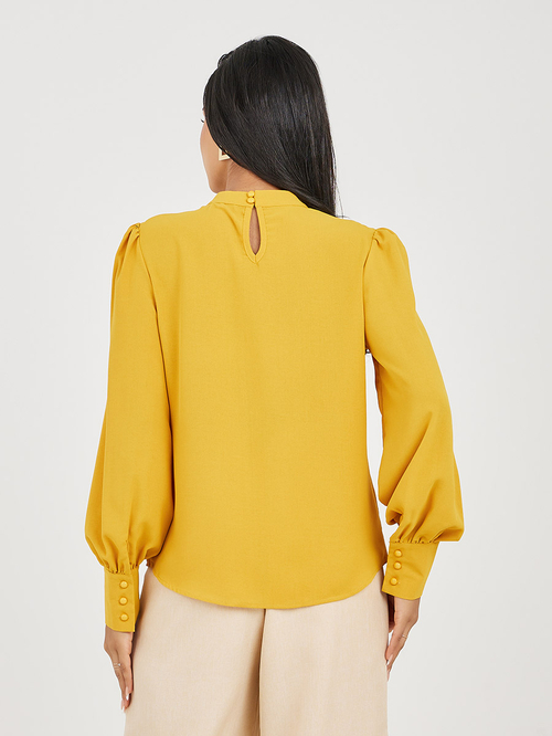 Buy Ruched High Neck Top with Full Length Sleeve Yellow For Women Styli UAE