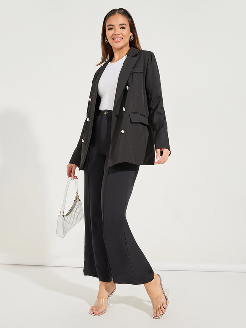 Buy Regular Fit Longline Double Breasted Blazer Black For Women Styli Kuwait