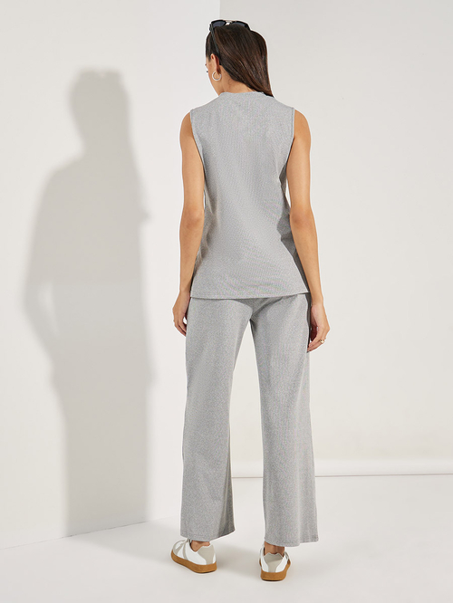 Buy Sleeveless Rib Knit Top Wide Leg Joggers Co Ords Grey For Women Styli UAE