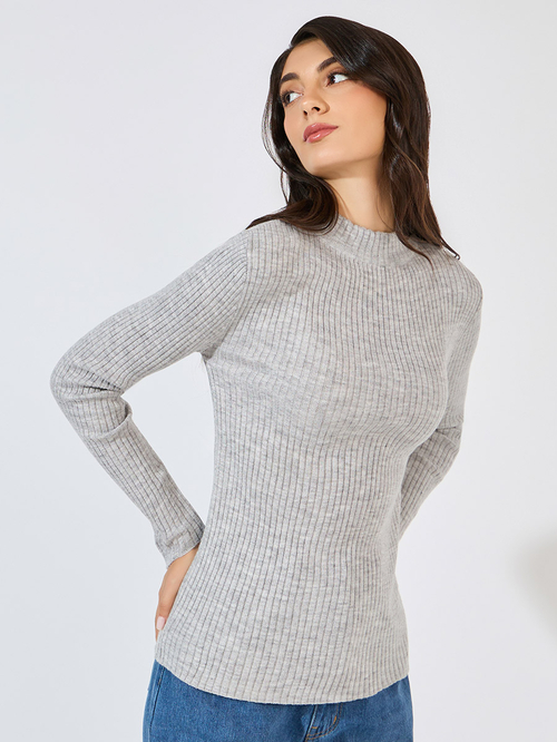 Buy Ribbed Fitted Regular Length High Neck Sweater Grey For Women Styli Kuwait