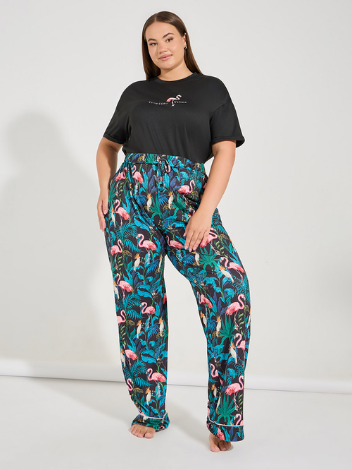 Buy Plus Size Flamingo Print T Shirt with Piped Hem Pyjama Set Multi For Women Styli Saudi