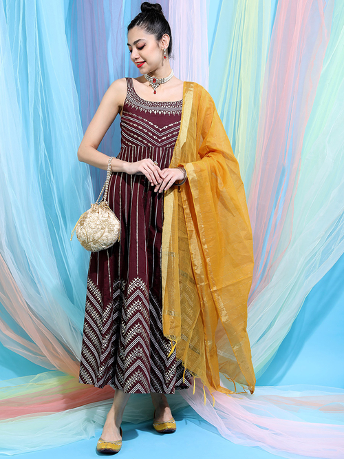Buy Embellished Ethnic Maxi Dress with Dupatta Set Maroon For Women Styli Kuwait