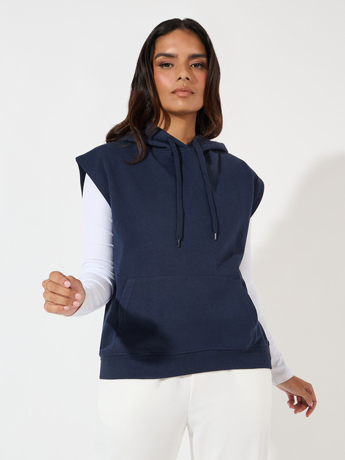 Buy Regular Fit Sleeveless Hoodie with Dropped Shoulder Navy Blue For Women Styli Kuwait