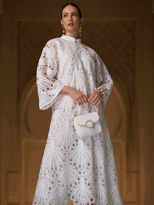 Buy Lace Detail Mandarin Collar Dress with 3/4 Sleeves White For Women |  Styli Saudi