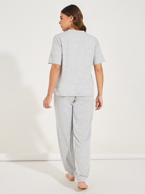 Buy Embroidered Slogan T Shirt Cuffed Pyjama Set Grey For Women Styli UAE