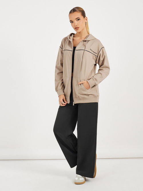 Buy Regular Fit Longline Zip Through Hoodie with Contrast Detail Brown For Women Styli UAE
