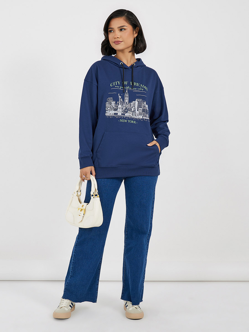 Navy blue graphic hoodie discount