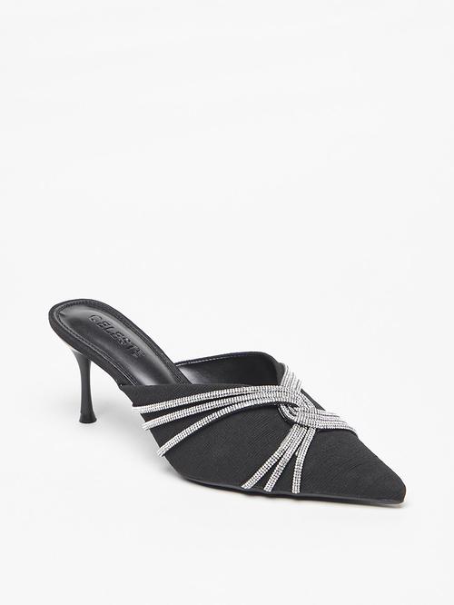 Buy Embellished Slip On Mules with Stiletto Heels Black For Women Styli UAE