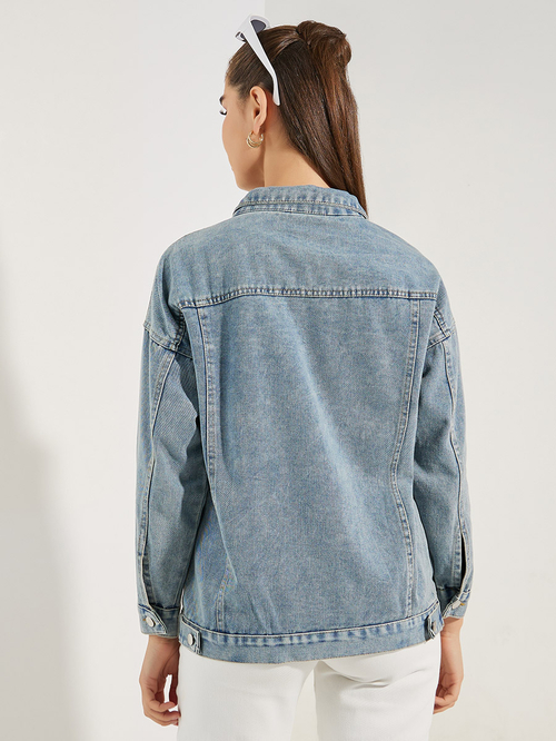 Buy Oversized Regular Length Denim Jacket Blue For Women Styli Kuwait