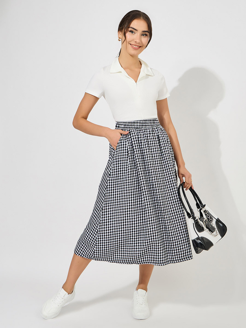 Buy Gingham Check A Line Midi Skirt Grey For Women Styli Kuwait
