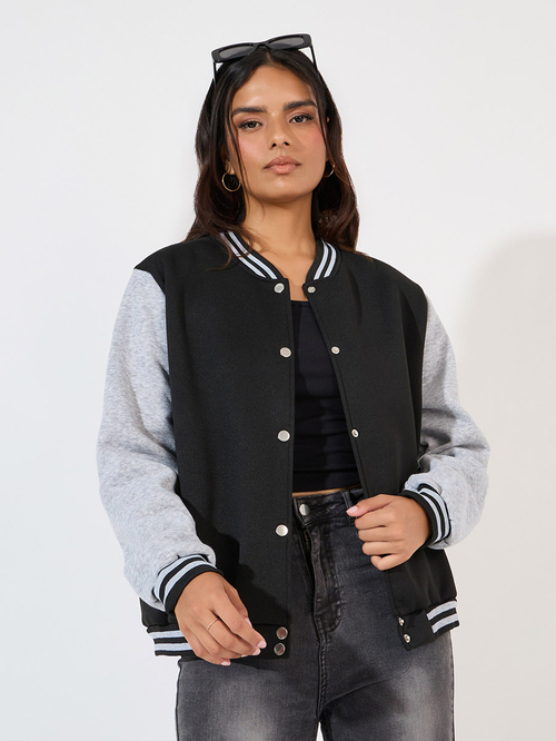 Buy Oversized Longline Varsity Bomber Jacket Black For Women Styli Saudi