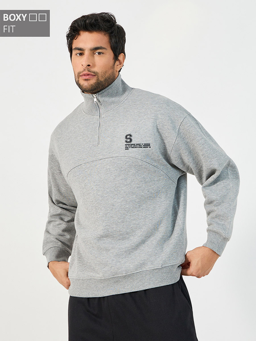 Buy Quarter Zip Chest Print High Neck Boxy Fit Heavy Sweatshirt Grey For Men Styli Saudi