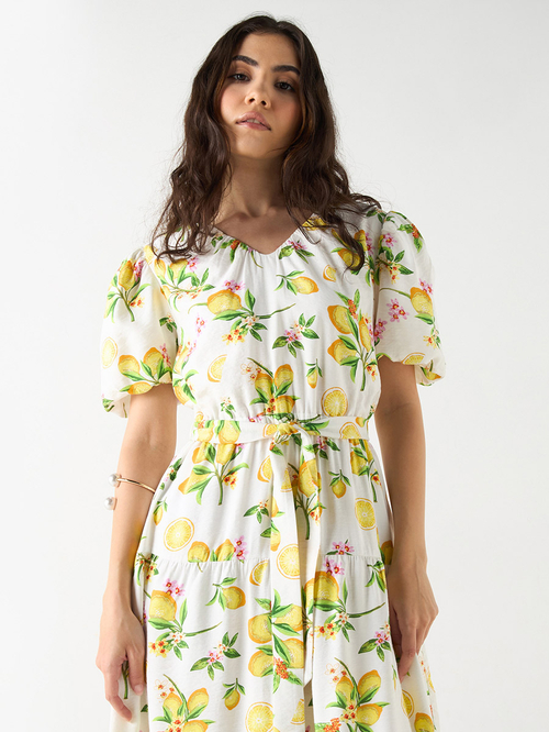 Buy All Over Lemon Print Maxi Dress with Tie Belt White For Women Styli UAE