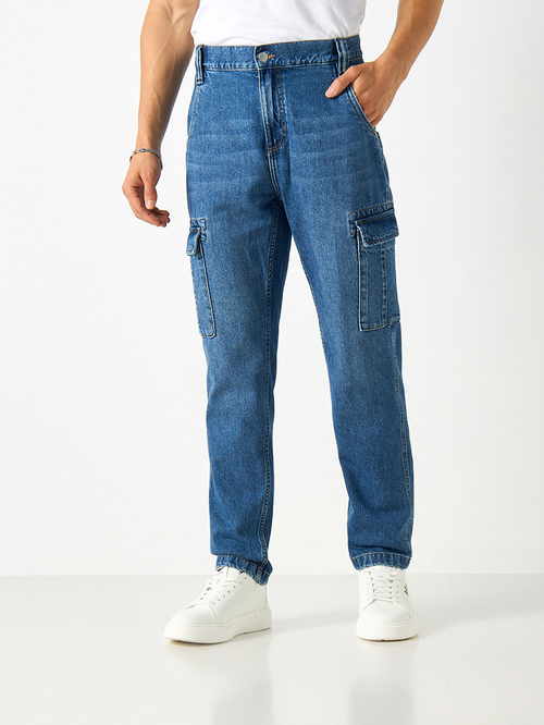 Buy Solid Cargo Jeans with Button Closure and Pockets Blue For Default Category Styli UAE