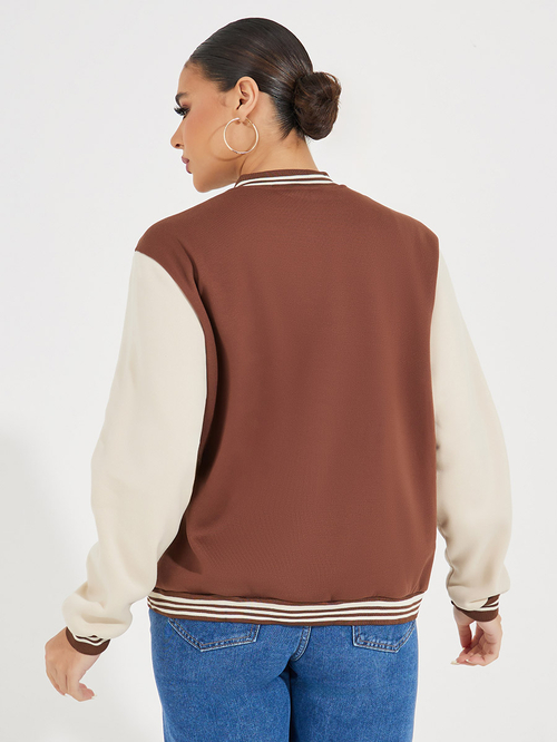 Buy Color Block Bomber Jacket with Snap Button Brown For Women Styli Saudi
