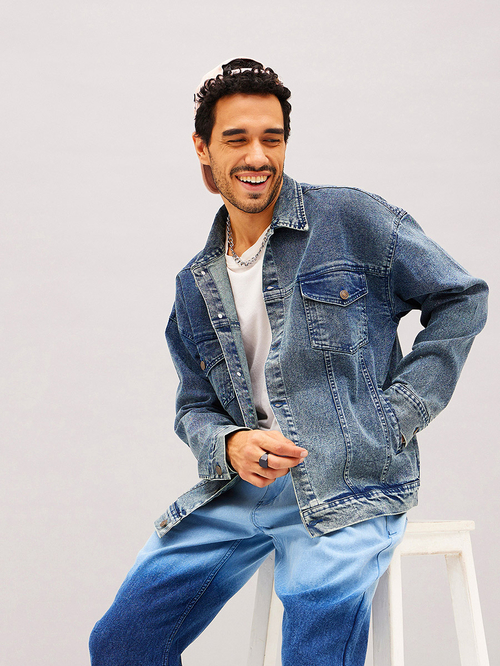 Buy Relaxed Fit Washed Denim Jacket Blue For Men Styli Kuwait