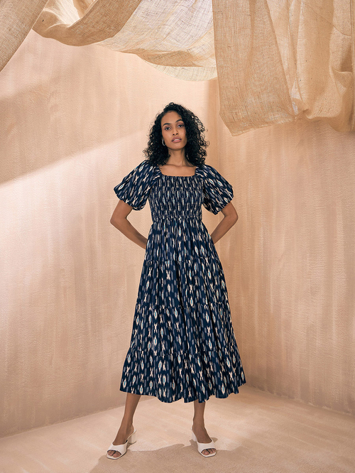 Buy Ikat Print Smocking Tiered Midi Dress Blue For Women Styli Saudi