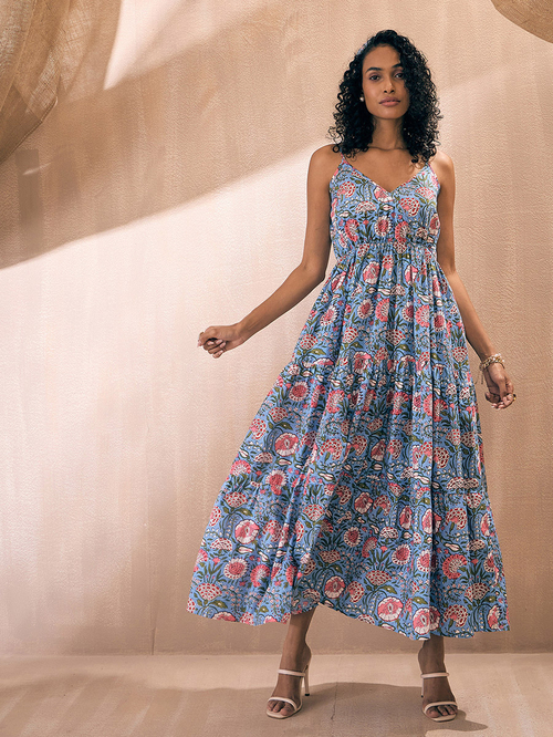 Buy Floral Print Strappy Tiered Maxi Dress Blue For Women Styli Saudi