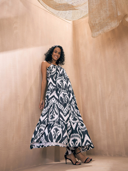 Buy Ikat Loose Fit Strappy Tiered Maxi Dress Black For Women Styli Saudi