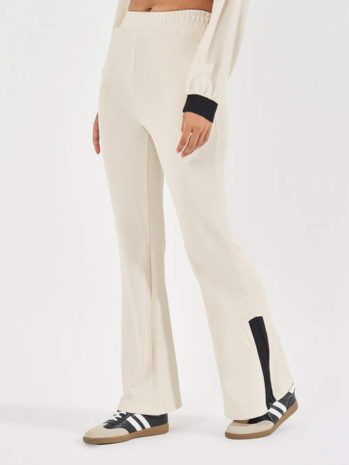 Buy Ribbed Knit Oversized Top Flared Joggers Co Ords Cream For Women Styli UAE