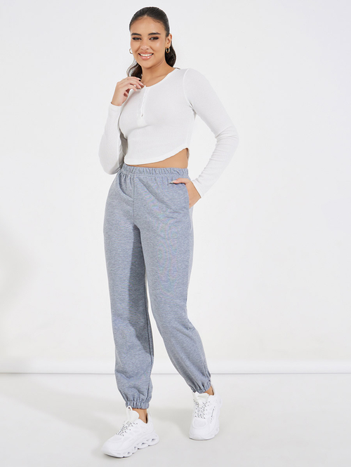 Buy Elasticated Waist Cuffed Joggers Grey For Women Styli Kuwait