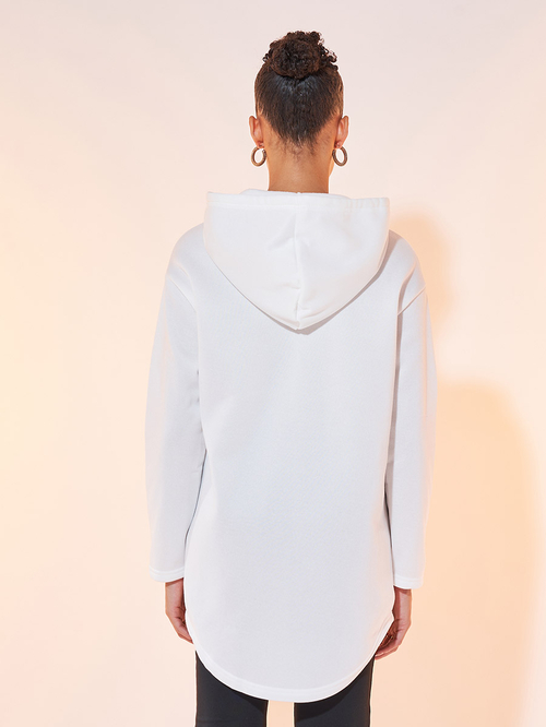 Buy Solid Kangaroo Pocket Longline Hoodie White For Women Styli Kuwait