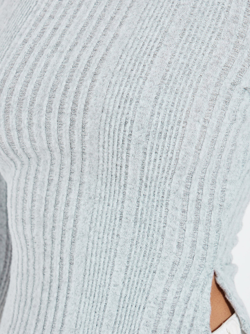 Buy Rib Knit Top with Side Slit Grey For Women | Styli Saudi
