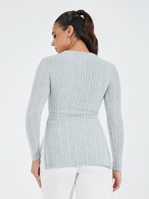 Buy Rib Knit Top with Side Slit Grey For Women | Styli Saudi