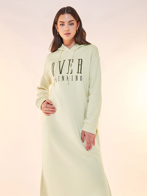 Buy Text Print Hooded Midi Dress with Drawstring Beige For Women Styli Saudi