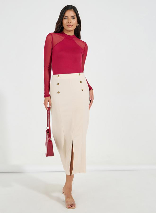 Buy Button Detail Midi Skirt with Split Hem Off White For Women Styli Saudi