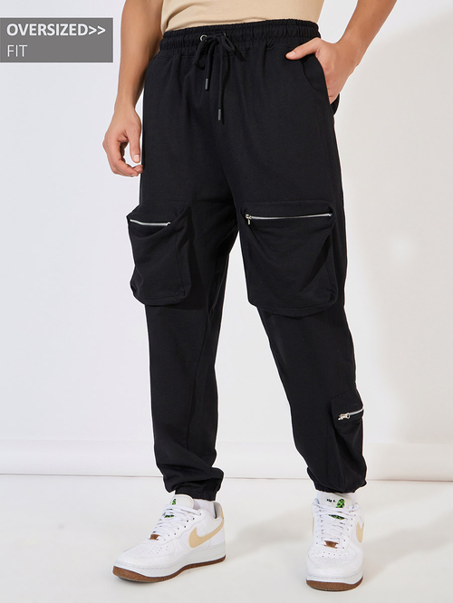 Buy Oversized Utility Cargo Joggers with Zip Pockets Black For Men Styli UAE