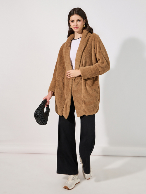 Buy Regular Fit Longline Faux Fur Coat Brown For Women Styli UAE